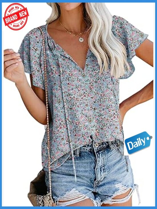 Tops - Boho Floral V-Neck Short Sleeve Blouse, Loose Fit, 100% Polyester Chiffon